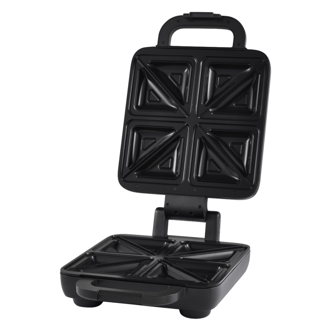 Angle view of an open Sunbeam sandwich press showing the non-stick cooking plates and hinge mechanism. 