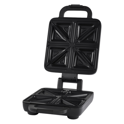 Angle view of an open Sunbeam sandwich press showing the non-stick cooking plates and hinge mechanism. 