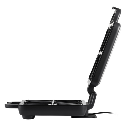 Side view of an open Sunbeam sandwich press showing the non-=stick cooking plates and hinge mechanism, with a visible power cord at the base. 