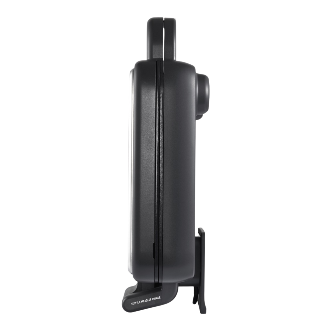 Side standing view of the Sunbeam stainless steel sandwich press, showing its modern design and build quality. With a hinge for extra height. 