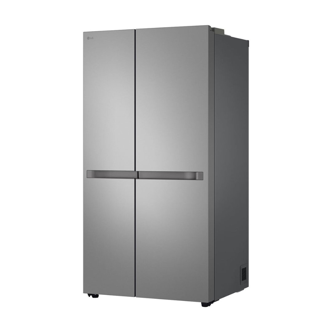 LG 664L Side by Side Fridge in a Stainless Steel Finish pictured at an angle