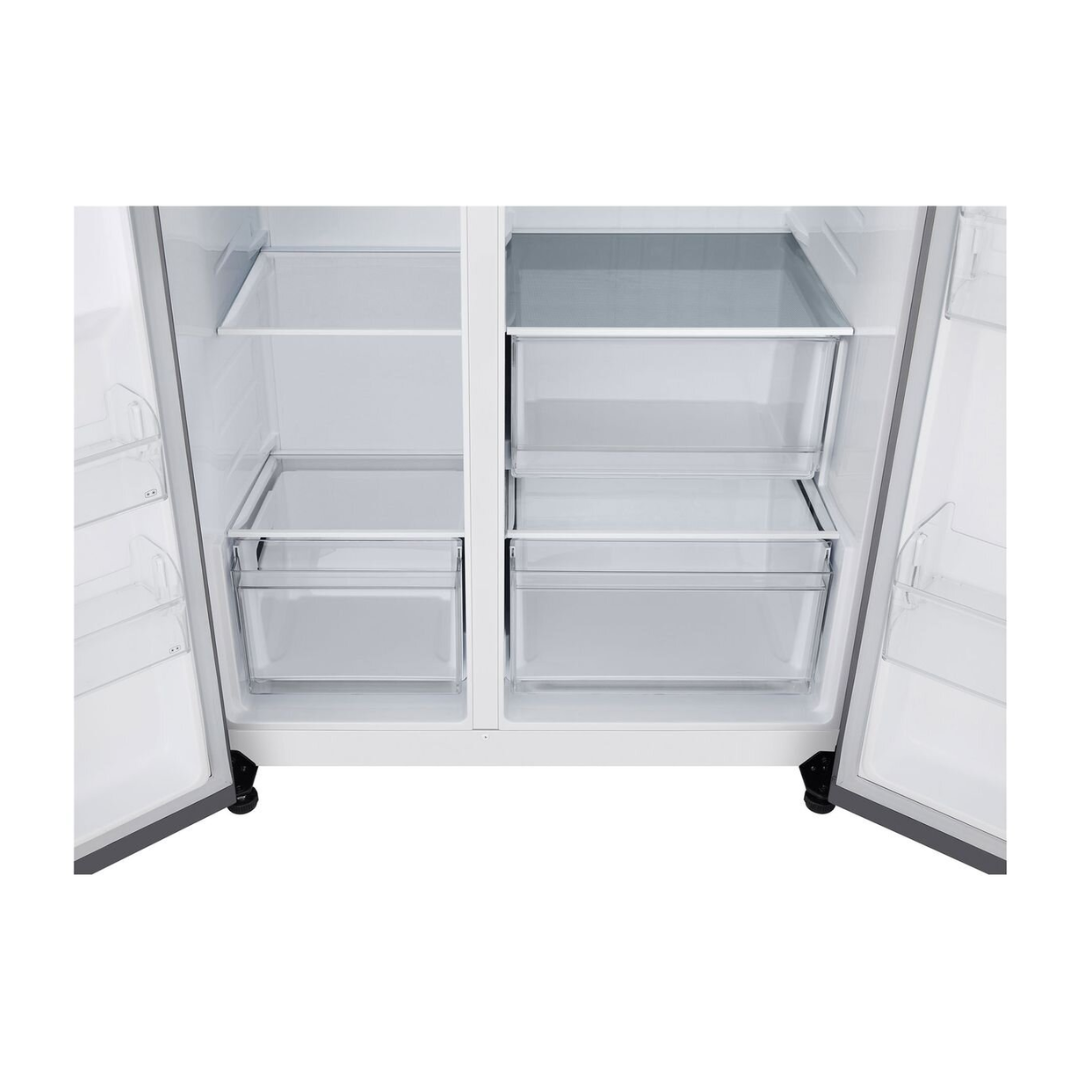 LG 664L Side by Side Fridge in a Stainless Steel Finish showcasing its bottom draws