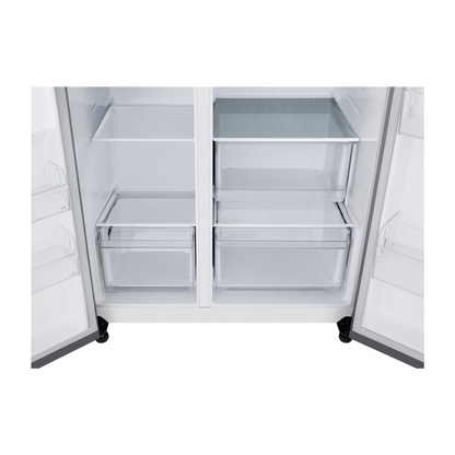 LG 664L Side by Side Fridge in a Stainless Steel Finish showcasing its bottom draws