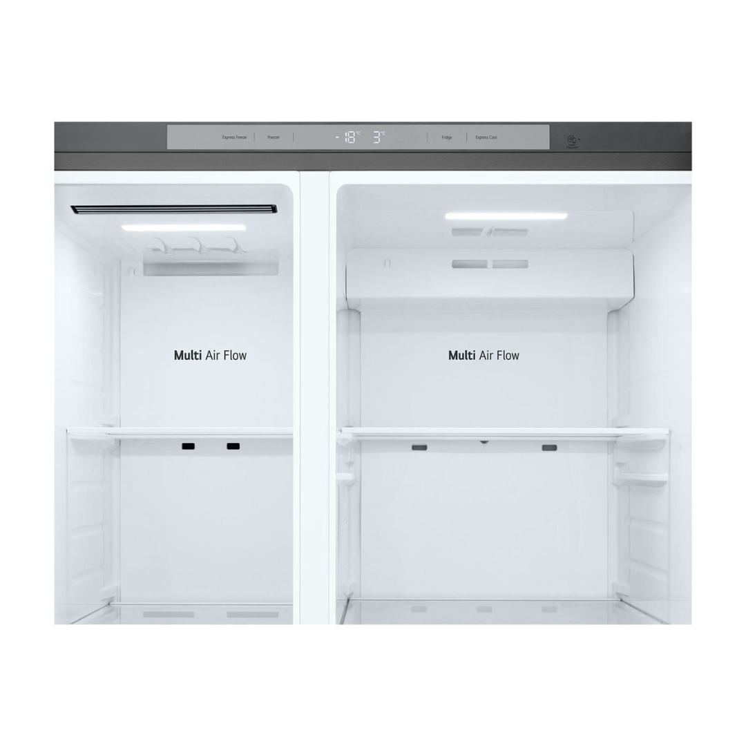 LG 664L Side by Side Fridge in a Stainless Steel Finish showing it's controls as well as the Multi Air Flow feature