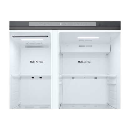LG 664L Side by Side Fridge in a Stainless Steel Finish showing it's controls as well as the Multi Air Flow feature