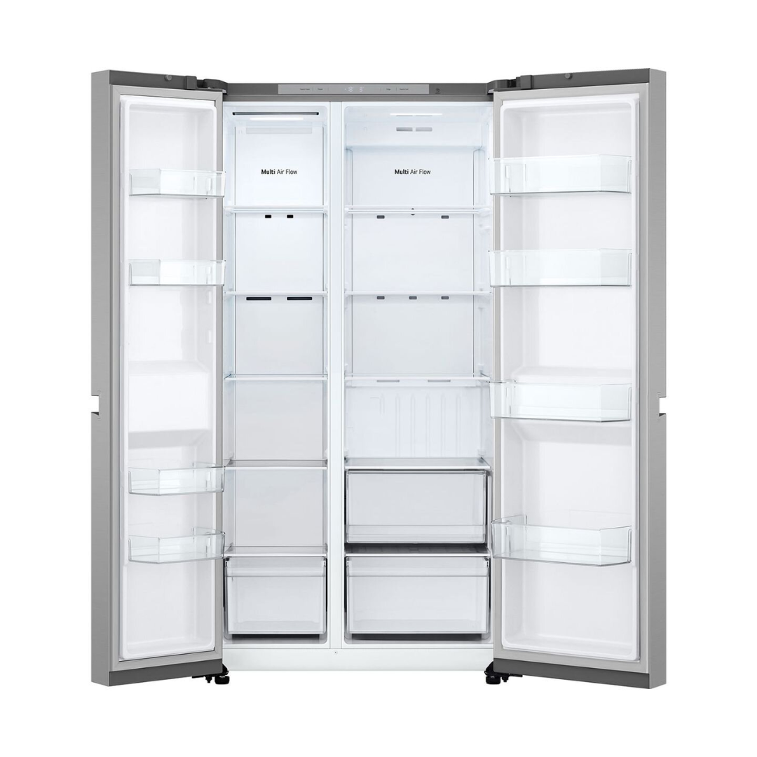 LG 664L Side by Side Fridge in a Stainless Steel Finish with all doors open showing it's storage capabilities