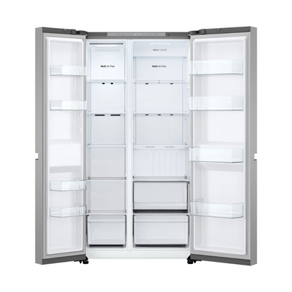 LG 664L Side by Side Fridge in a Stainless Steel Finish with all doors open showing it's storage capabilities