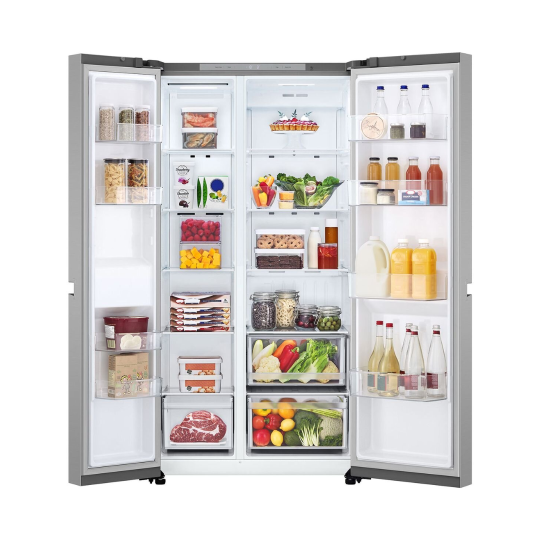 LG 664L Side by Side Fridge in a Stainless Steel Finish with all doors open showing it's true storage capacity