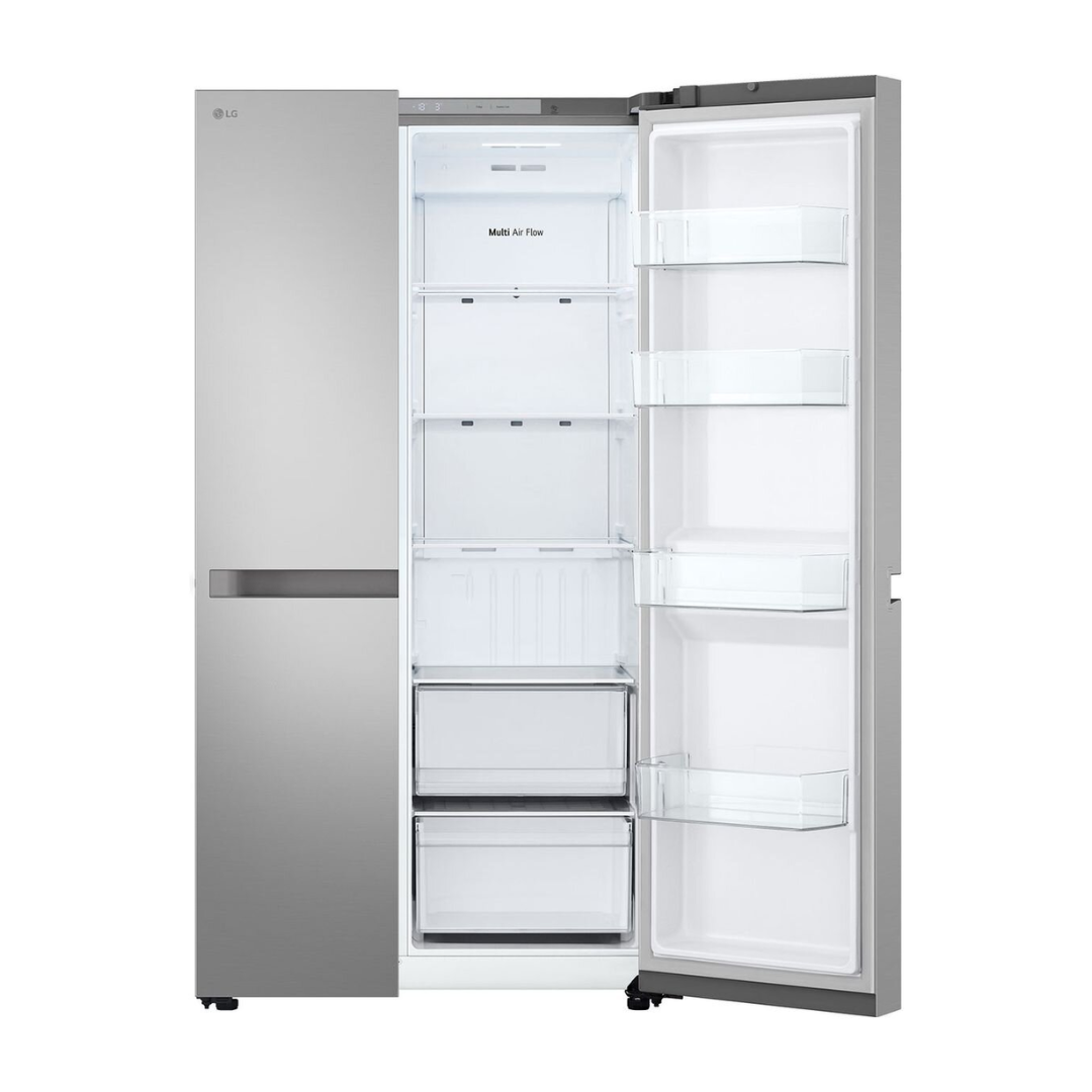 LG 664L Side by Side Fridge in a Stainless Steel Finish with the right doors open showing its storage capabilities 