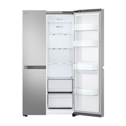 LG 664L Side by Side Fridge in a Stainless Steel Finish with the right doors open showing its storage capabilities 