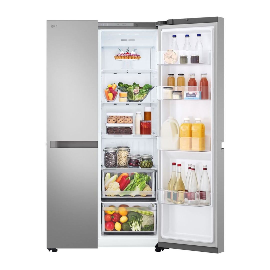 LG 664L Side by Side Fridge in a Stainless Steel Finish with the right doors open showing it's storage capacity
