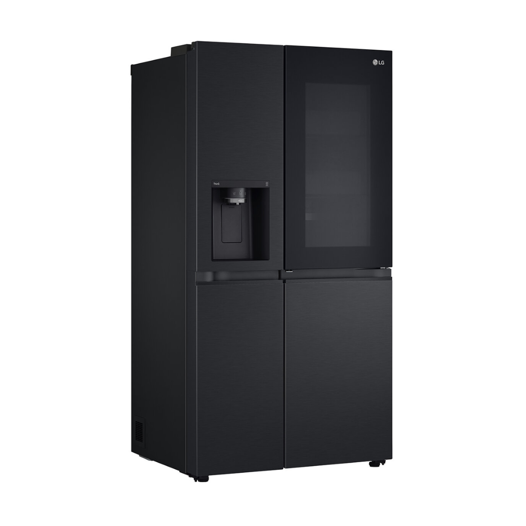 LG 635L Side by Side Fridge in a matte black finish pictured at another angle