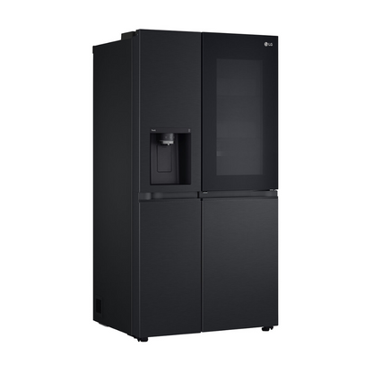LG 635L Side by Side Fridge in a matte black finish pictured at another angle