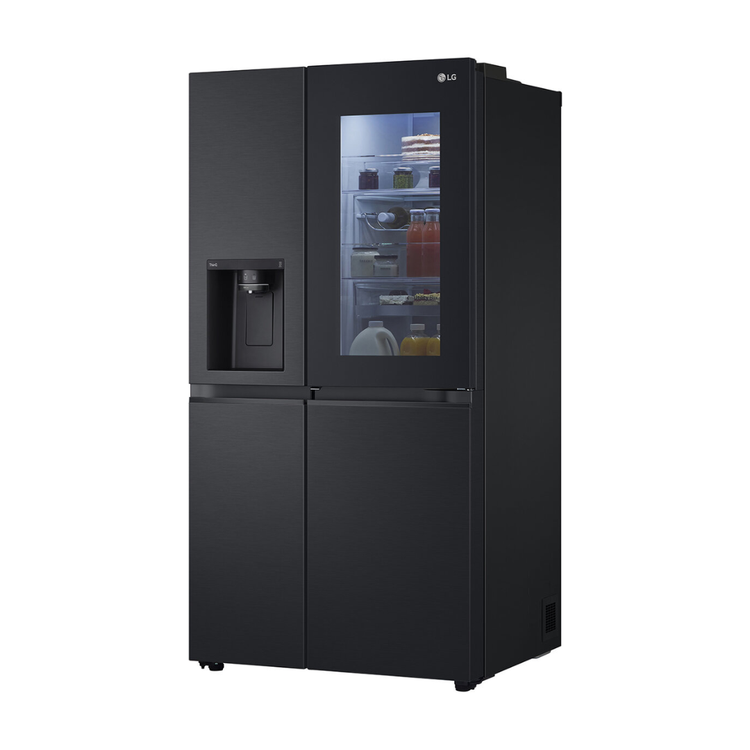 LG 635L Side by Side Fridge in a matte black finish pictured at an angle 