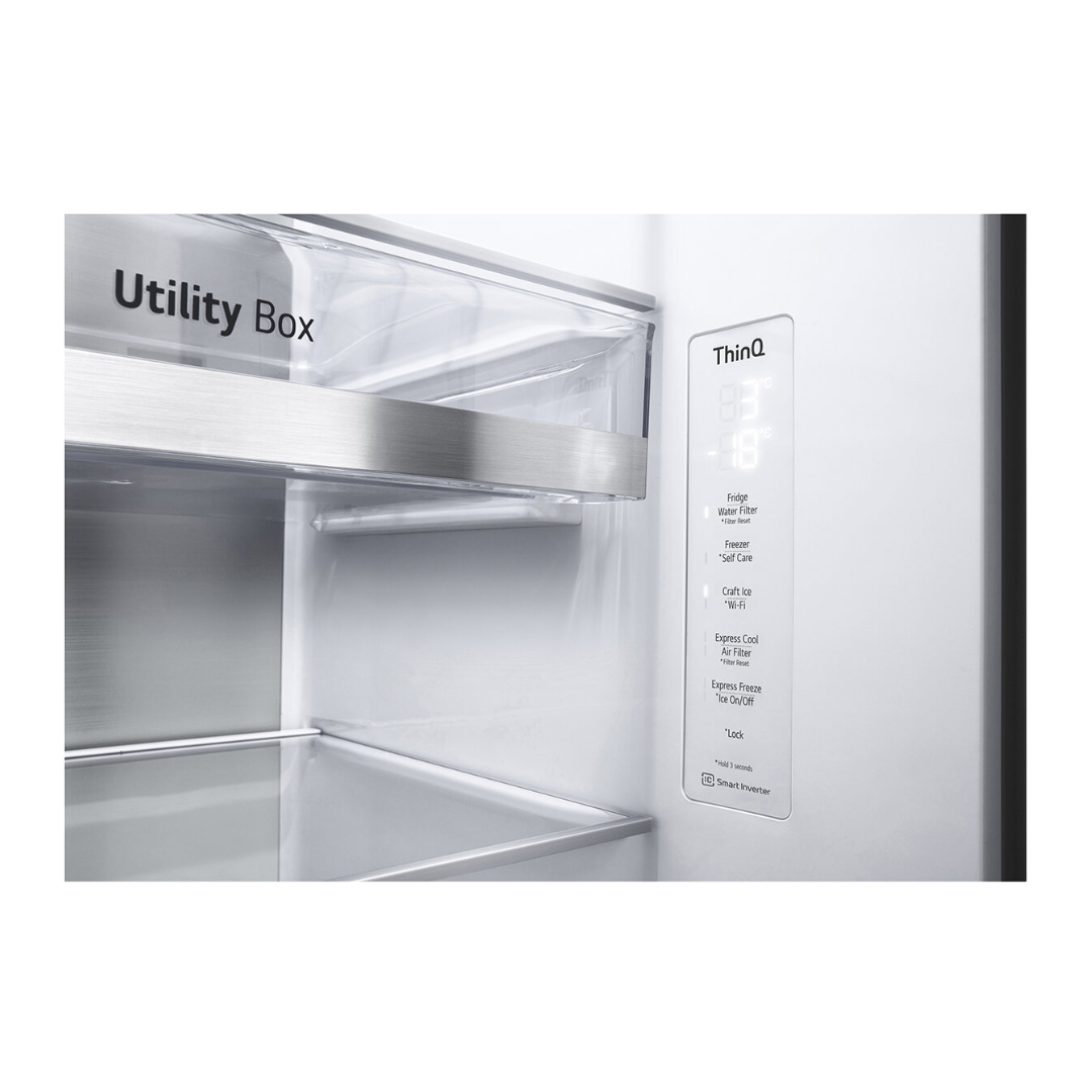 LG 635L Side by Side Fridge in a matte black finish showing the electronic controls