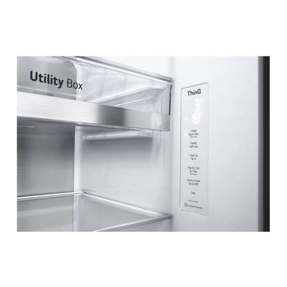 LG 635L Side by Side Fridge in a matte black finish showing the electronic controls