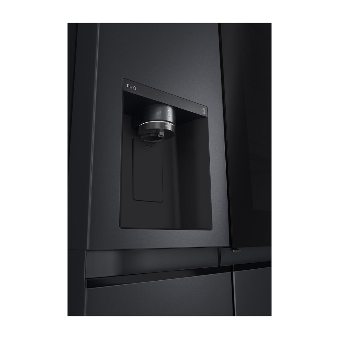 LG 635L Side by Side Fridge in a matte black finish displaying the dispenser at an angle