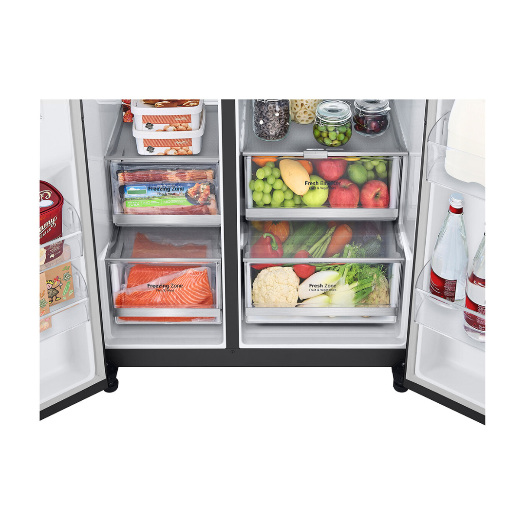 LG 635L Side by Side Fridge in a matte black finish showcasing the bottom draws