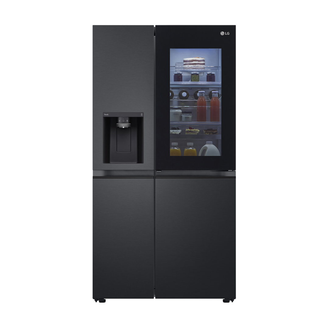 LG 635L Side by Side Fridge in a matte black finish with InstaView feature activated