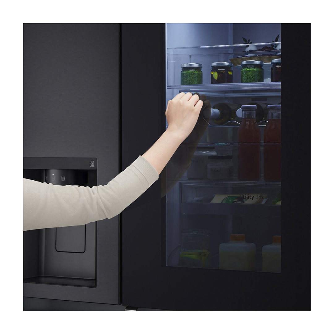 LG 635L Side by Side Fridge in a matte black finish show casing its knock to access the instaView features
