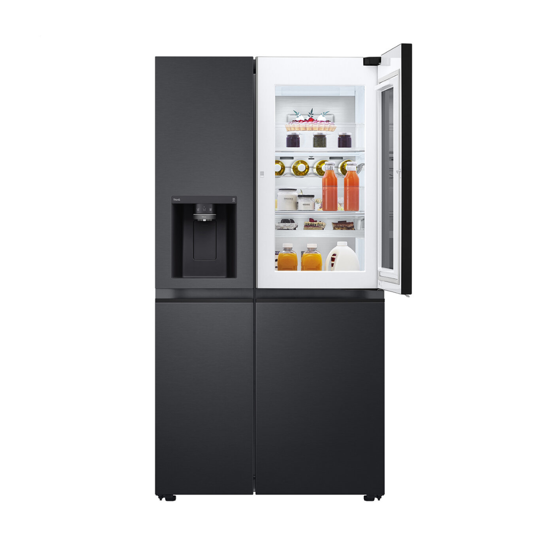LG 635L Side by Side Fridge in a matte black finish showcasing it's InstaView function