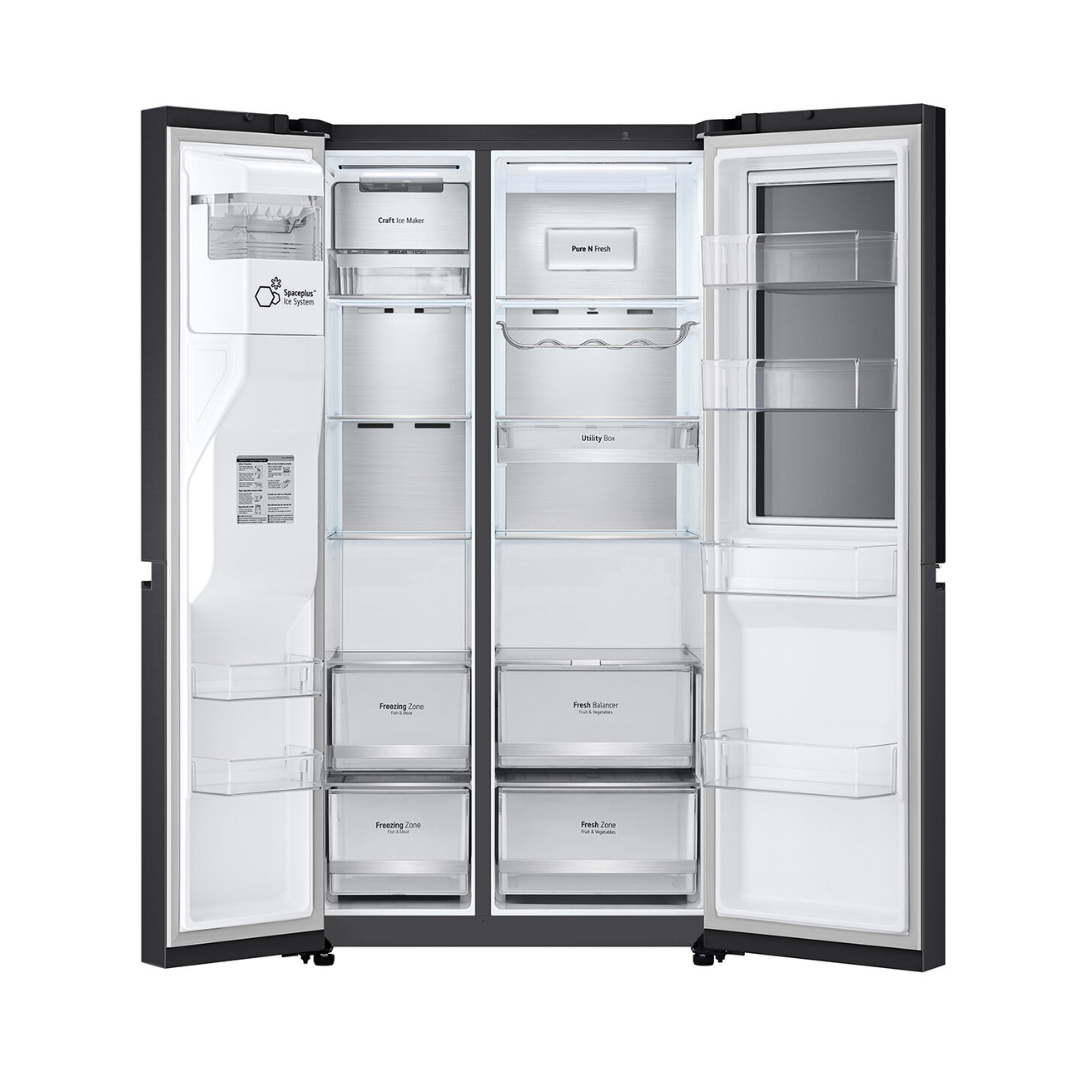 LG 635L Side by Side Fridge in a matte black finish with all doors open showing it's capacity 