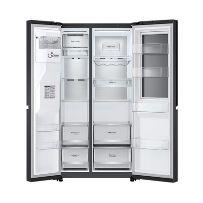 LG 635L Side by Side Fridge in a matte black finish with all doors open showing it's capacity 
