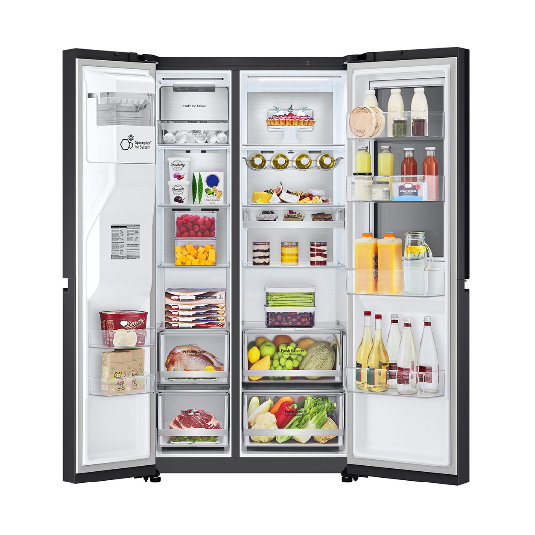 LG 635L Side by Side Fridge in a matte black finish with all doors open show it's full capacity 