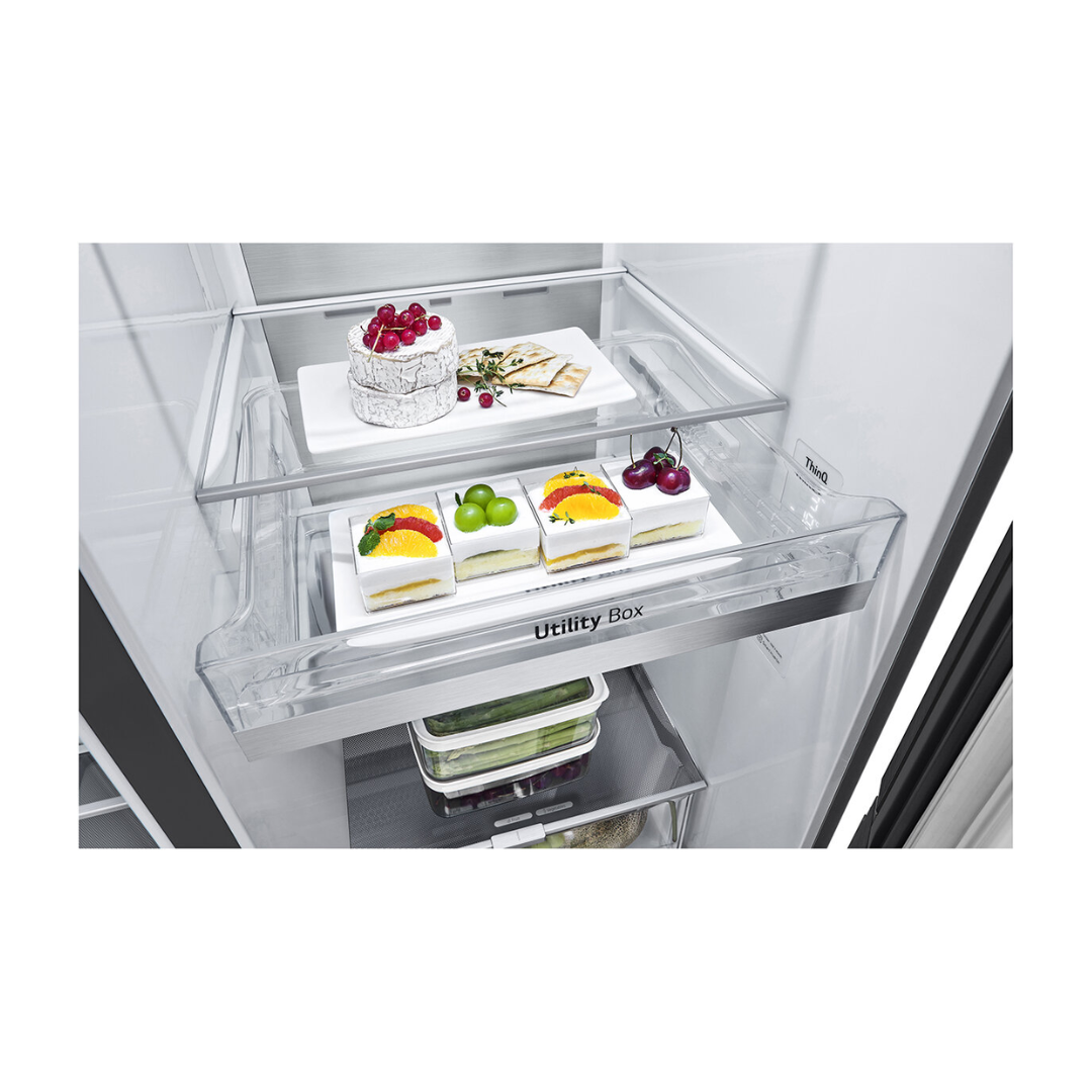 LG 635L Side by Side Fridge in a matte black finish showcasing its utility box storage