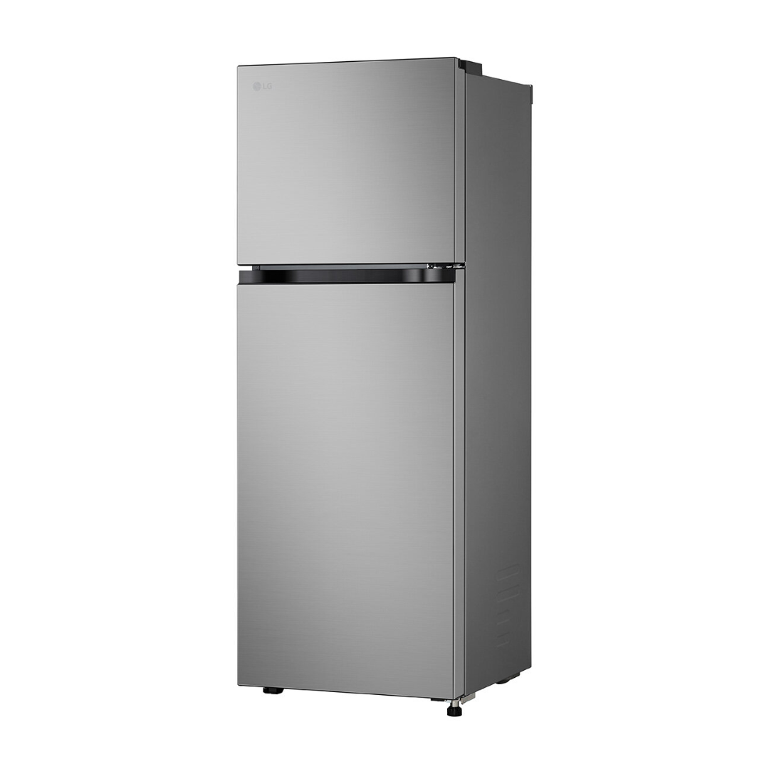 Stainless steel LG top mount  refrigerator at an angle on a white background