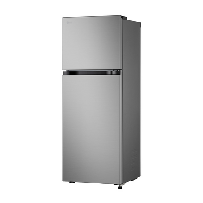 Stainless steel LG top mount  refrigerator at an angle on a white background