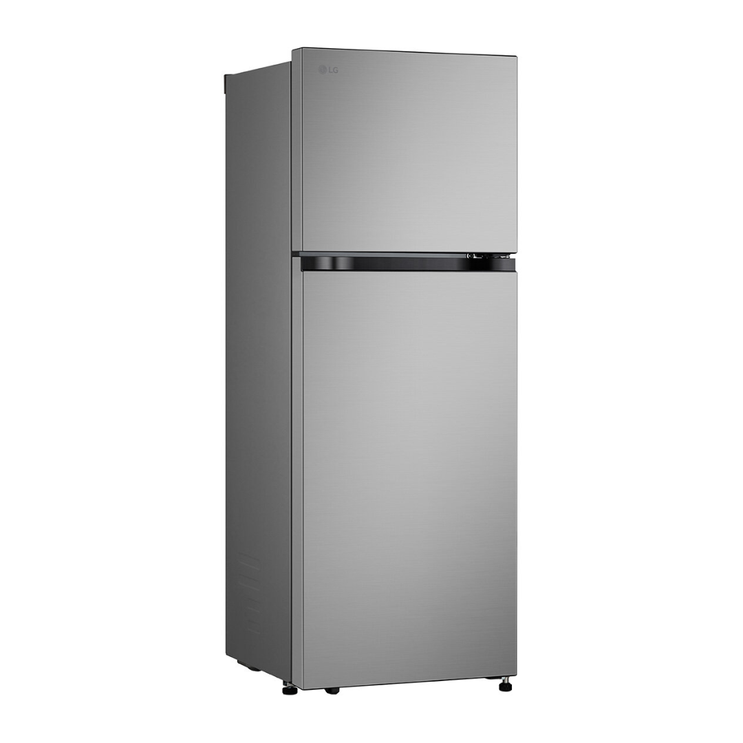 Stainless steel LG top mount refrigerator at an angle on a white background