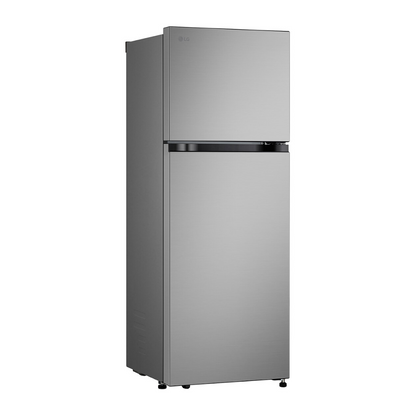 Stainless steel LG top mount refrigerator at an angle on a white background