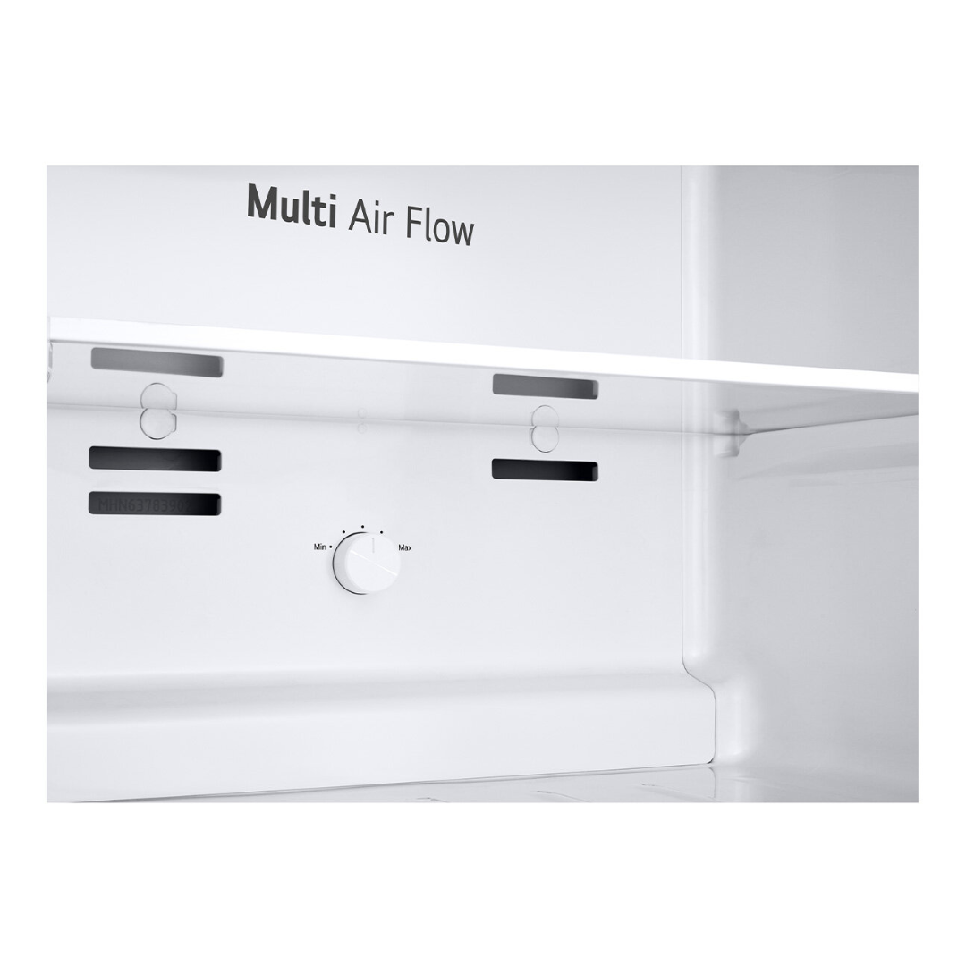 LG top mount refrigerator with 'Multi Air Flow' text on a white background