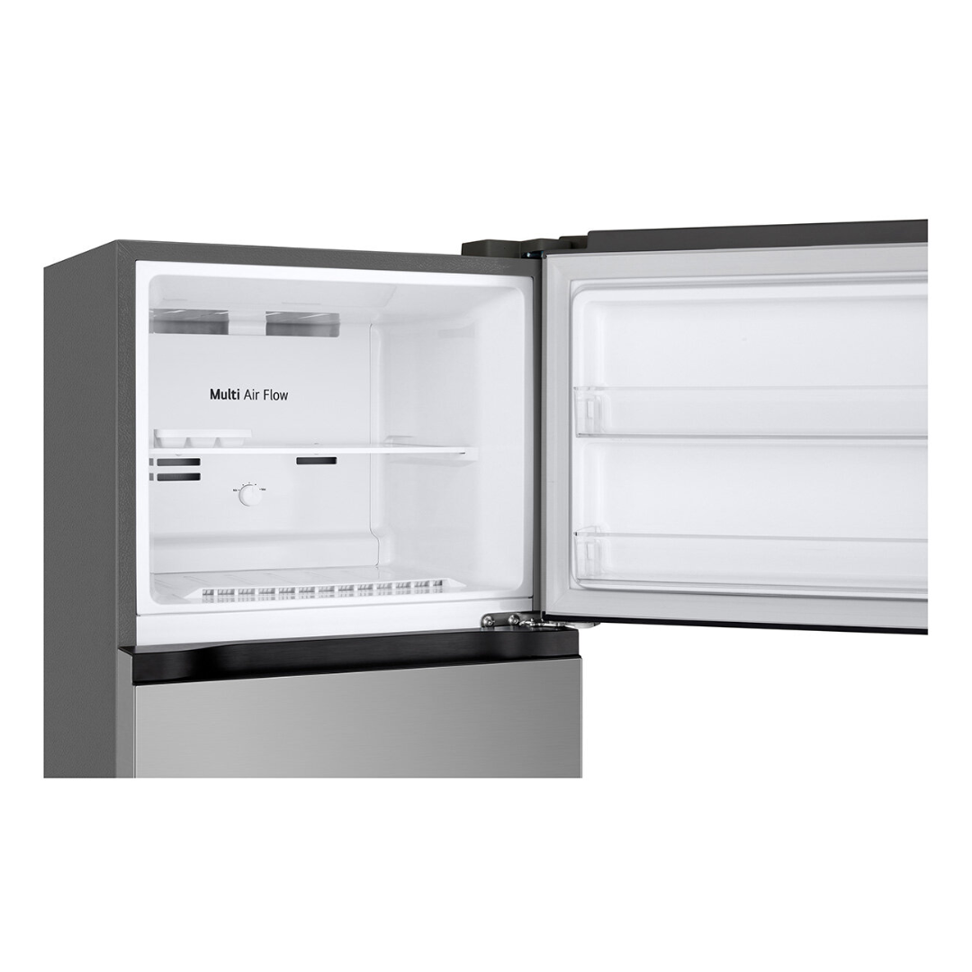 Open LG Top mount refrigerator with 'Multi Air Flow' labeled on the interior.