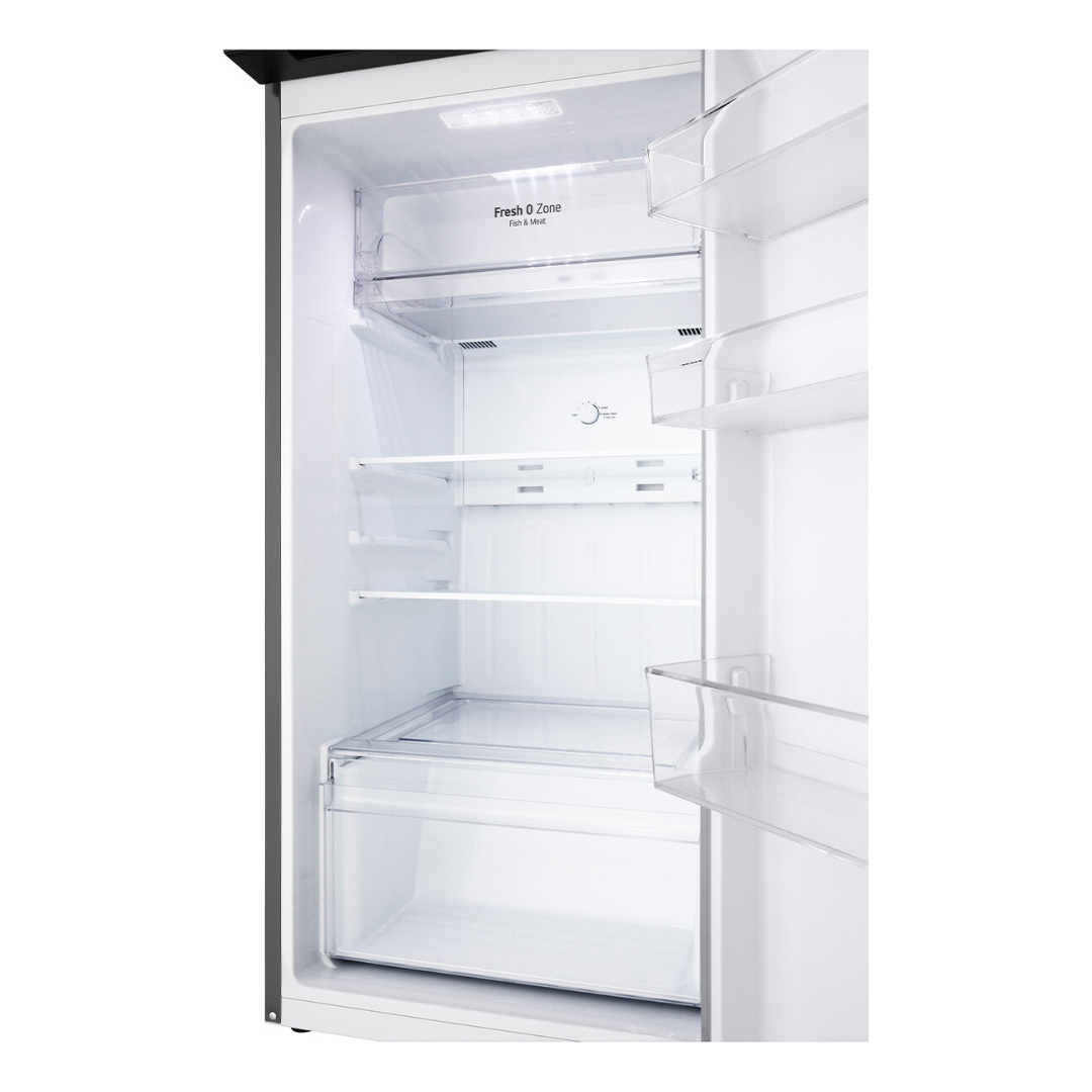 Empty LG top mount refrigerator with 'Fresh Zone' feature on a white background