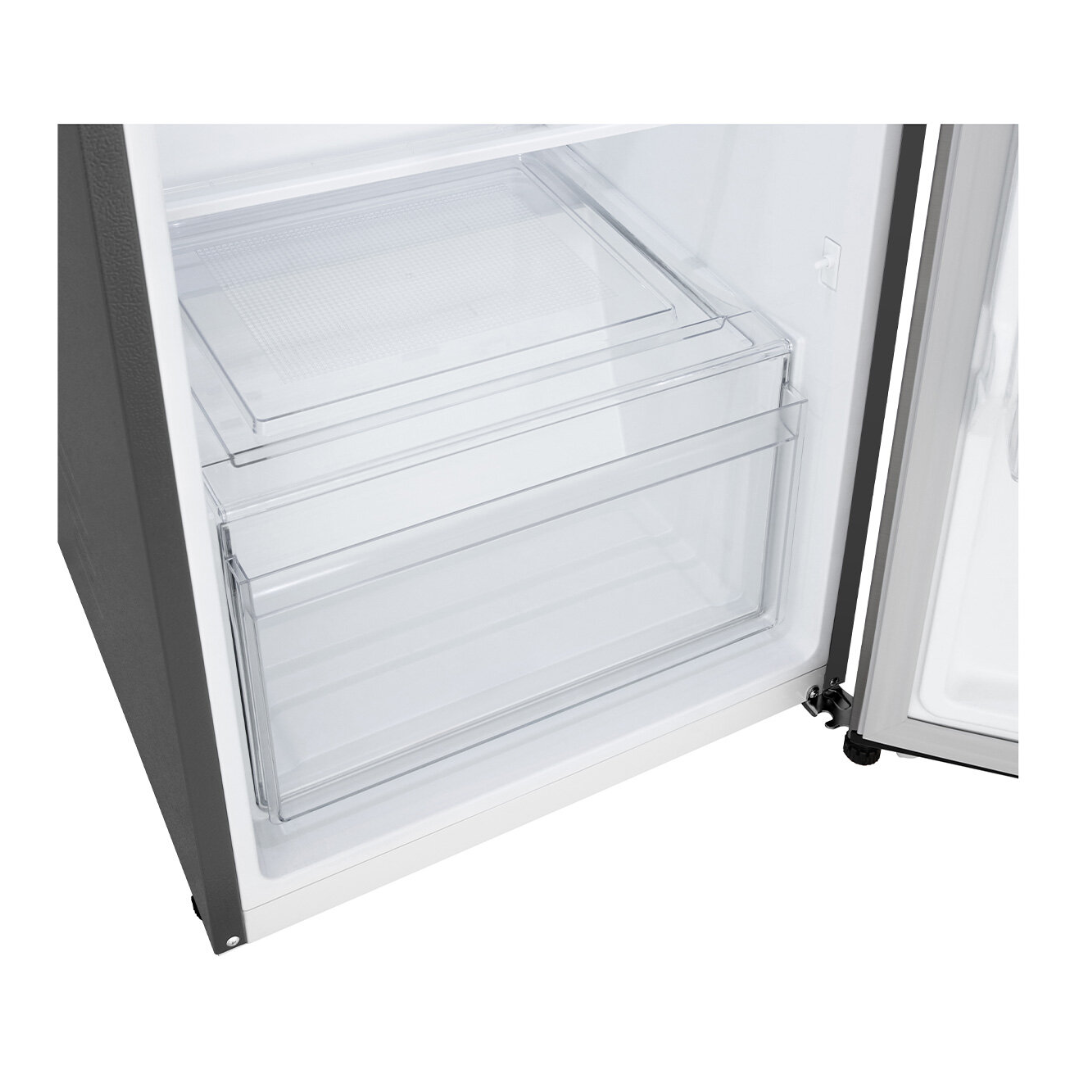 Open LG top mount refrigerator with clear storage drawer on a white background