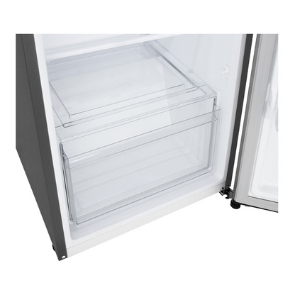Open LG top mount refrigerator with clear storage drawer on a white background