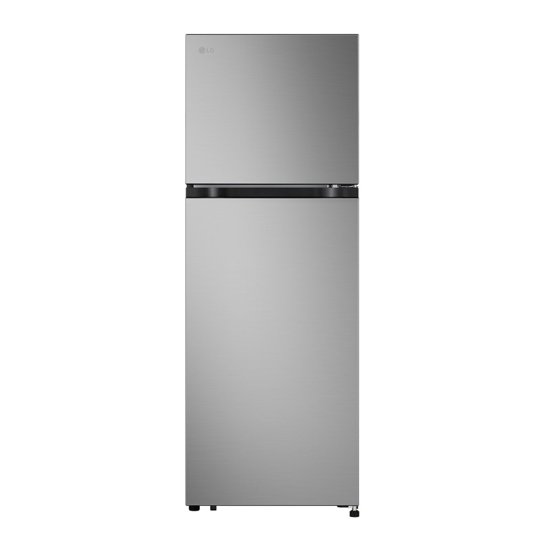 Stainless steel LG top mount refrigerator on a white background