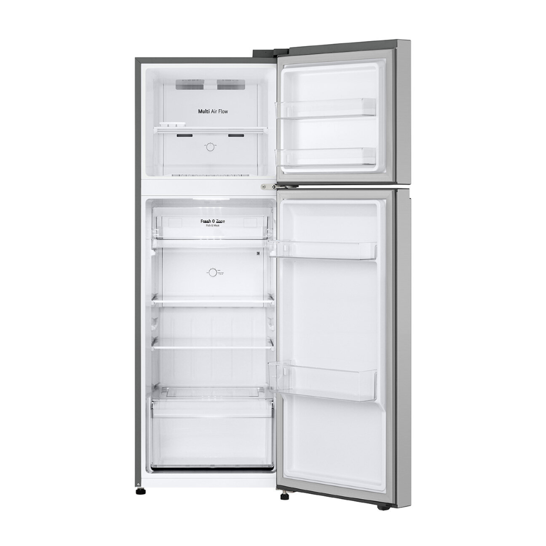 Stainless Steel LG top mount refrigerator with open doors on a white background
