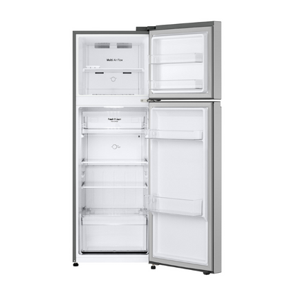 Stainless Steel LG top mount refrigerator with open doors on a white background