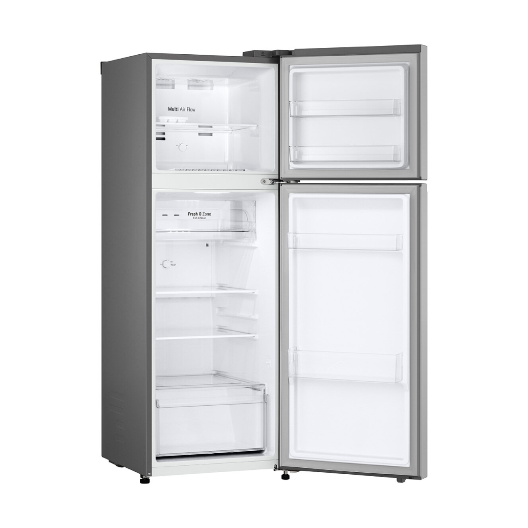 LG Grey top mount refrigerator with open doors on a white background