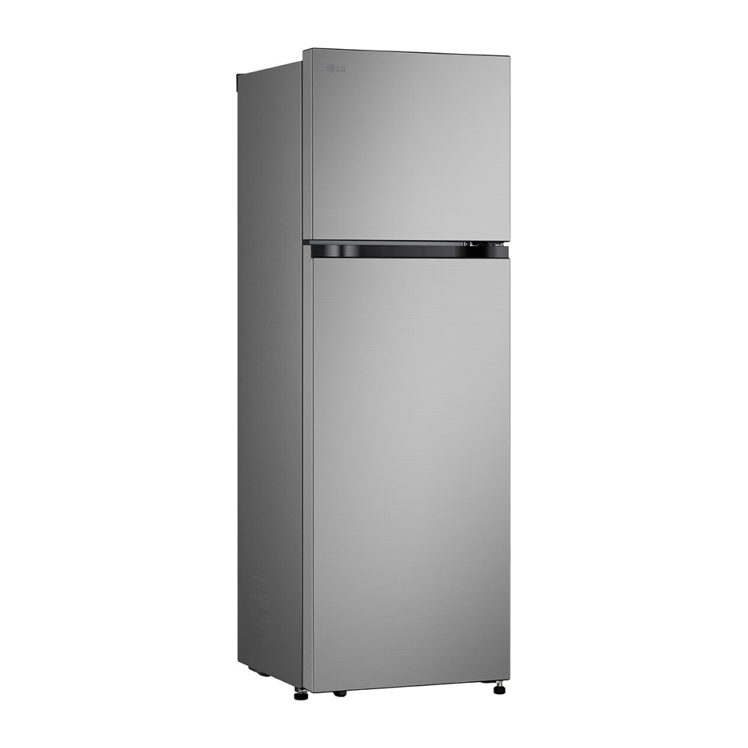 Stainless steel LG top mount refrigerator at an angle on a white background