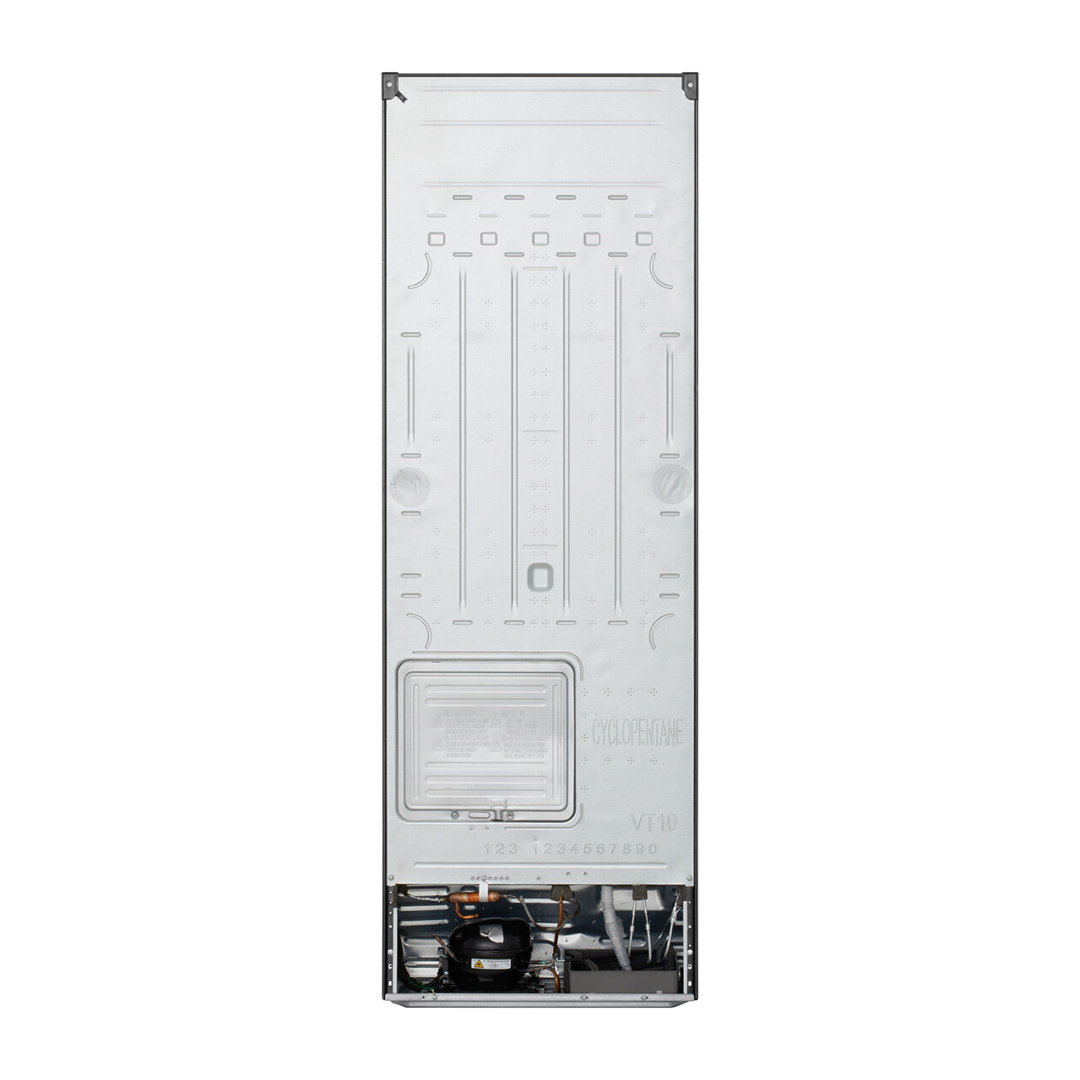 Back view of a LG top mount refrigerator on a white background