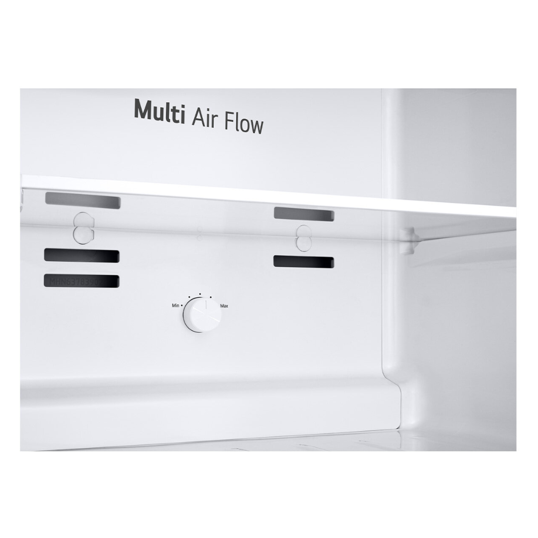 LG top mount refrigerator with 'Multi Air Flow' text on the interior panel on a white background
