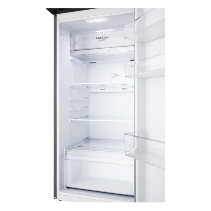 Empty LG top mount refrigerator with open door on a white background