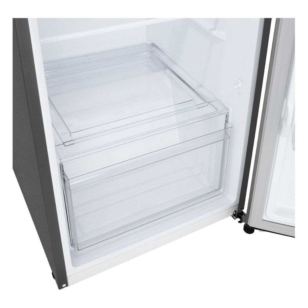 Open LG top mount refrigerator with clear interior shelves and storage drawer on a white background