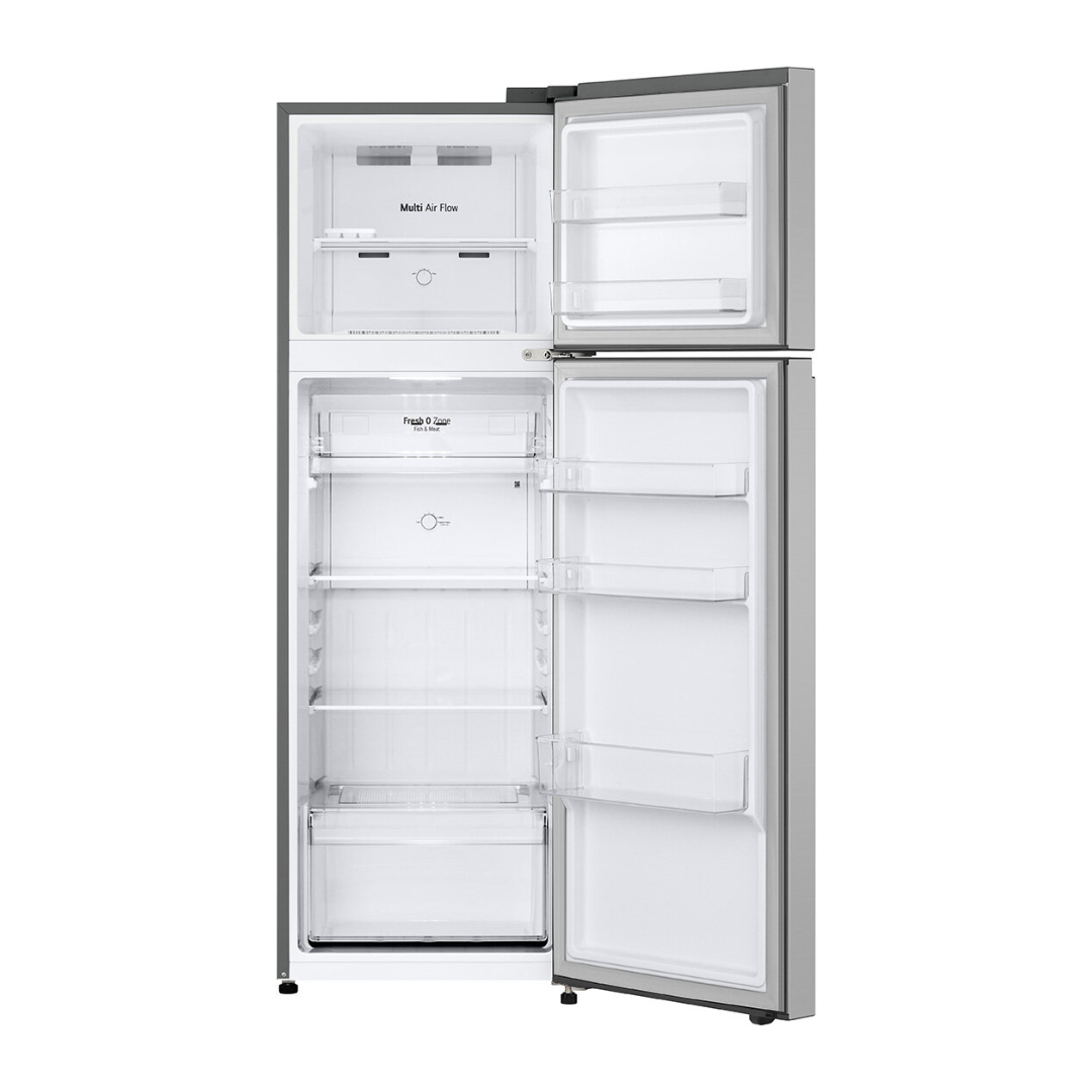 Stainless Steel LG top mount refrigerator with open doors on a white background