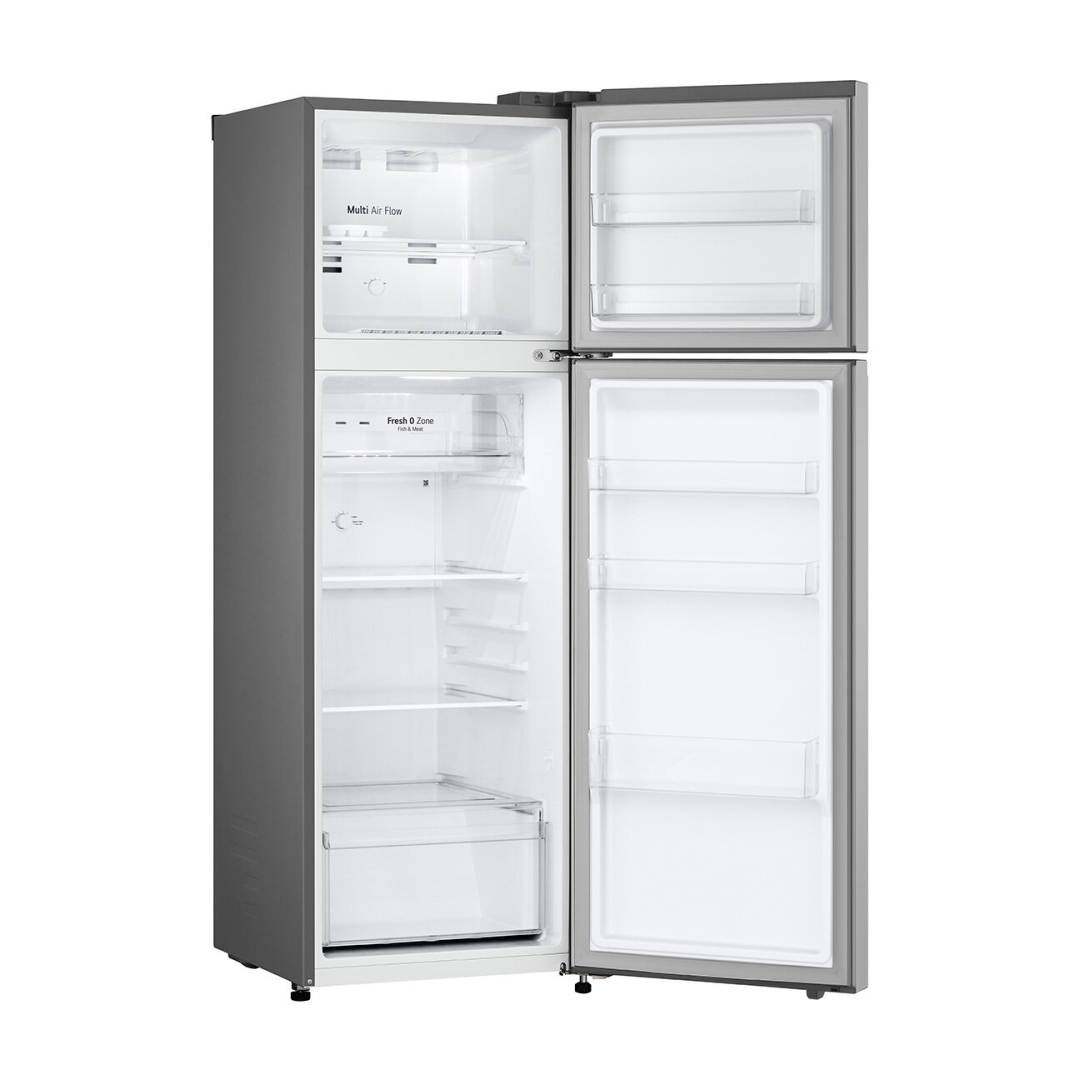 Stainless Steel LG top mount refrigerator with open doors on a white background