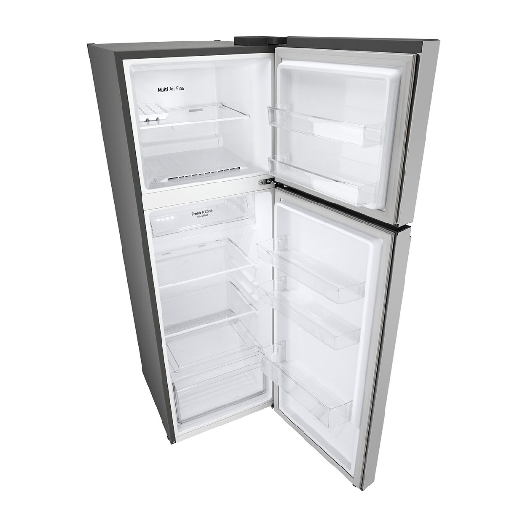 Open LG top mount refrigerator with interior shelves on a white background